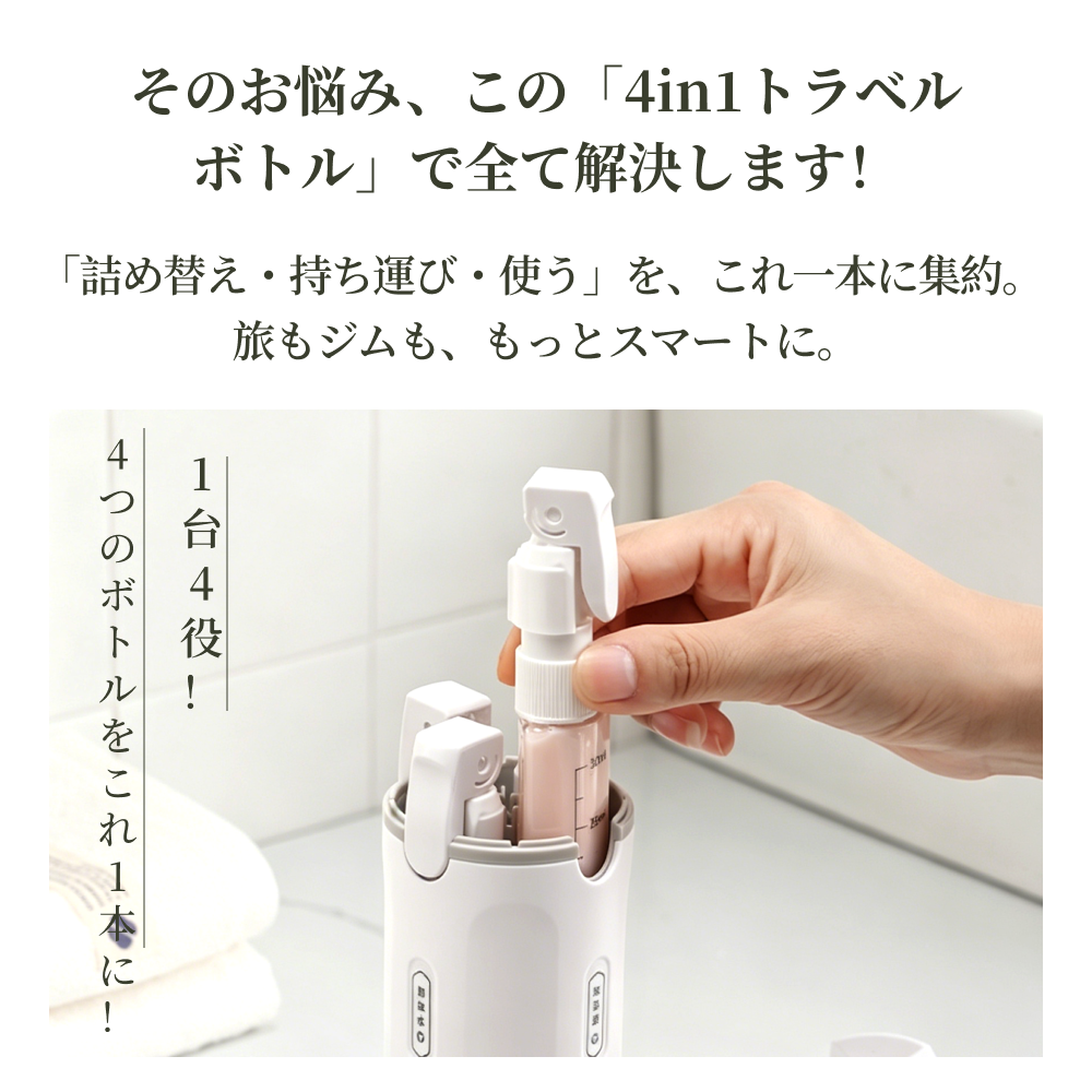 【SAMFOLK】4in1 トラベルボトル 詰め替えセット|スプレー・ポンプ・ブラシ付き 旅行用小分け容器 機内持ち込み コスメ 撥水