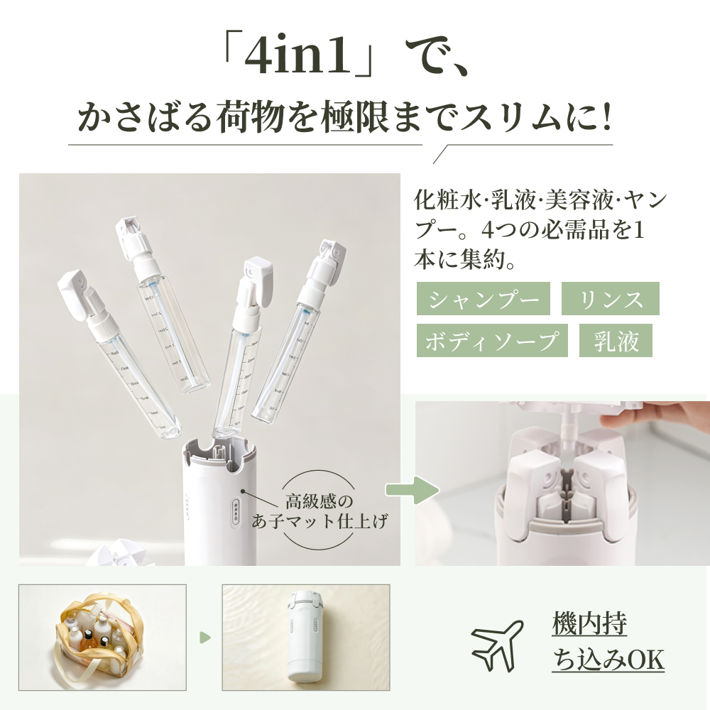 【SAMFOLK】4in1 トラベルボトル 詰め替えセット|スプレー・ポンプ・ブラシ付き 旅行用小分け容器 機内持ち込み コスメ 撥水