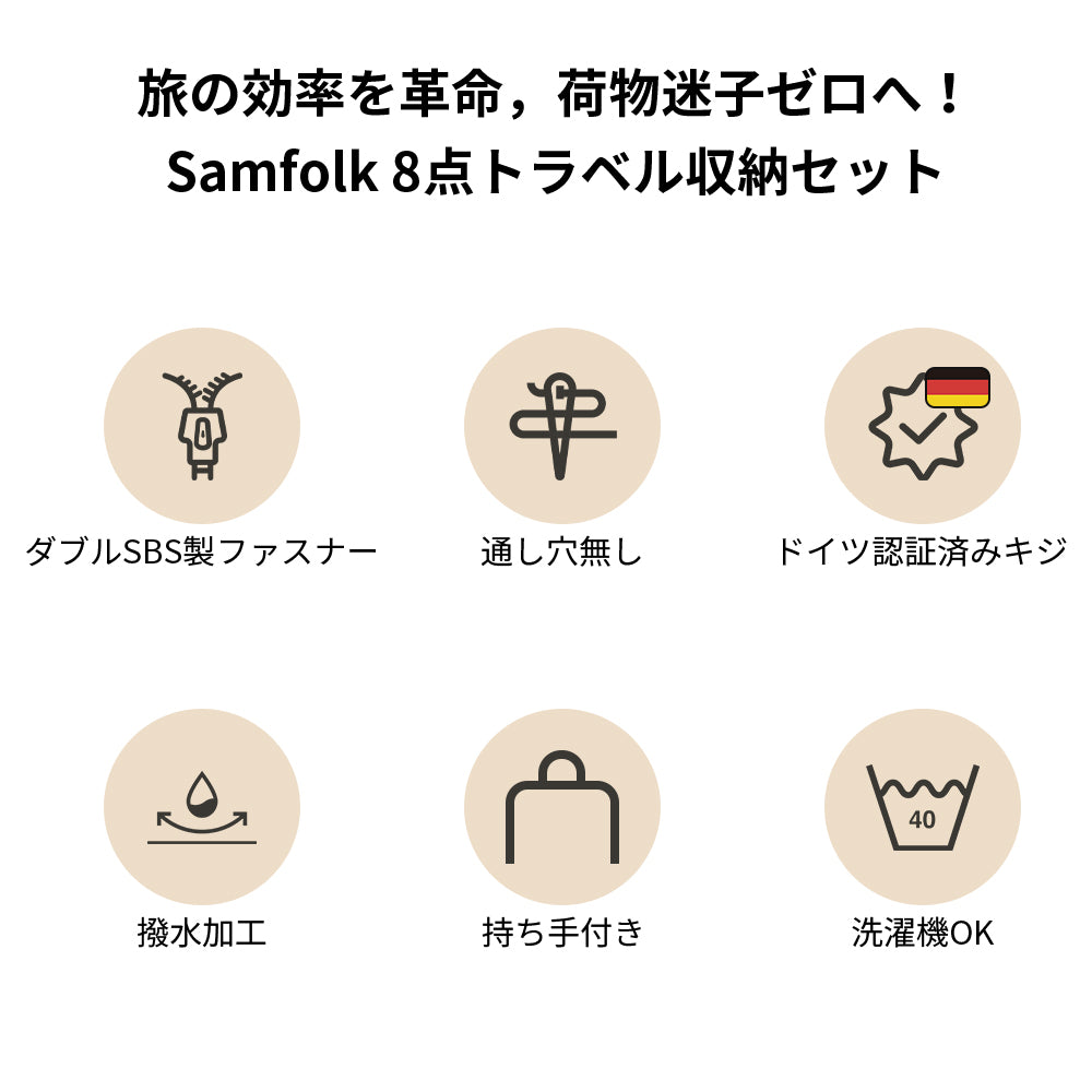 【SAMFOLK】トラベルポーチ 圧縮 8点セット｜パッキングポーチ 衣類仕分け 旅行 出張 大容量 防水 下着収納 小物入れ スペース節約